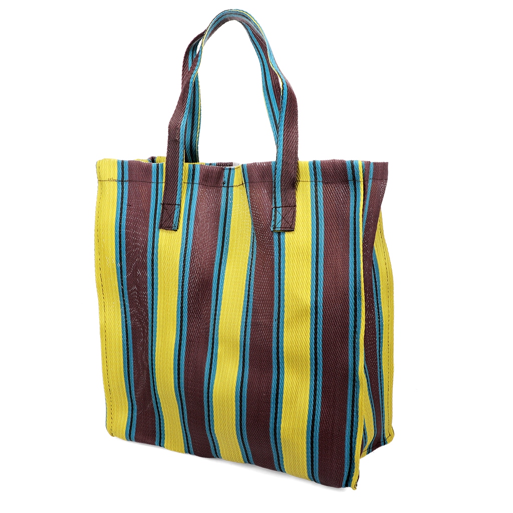 recycled woven shopping bag - brown, yellow, teal