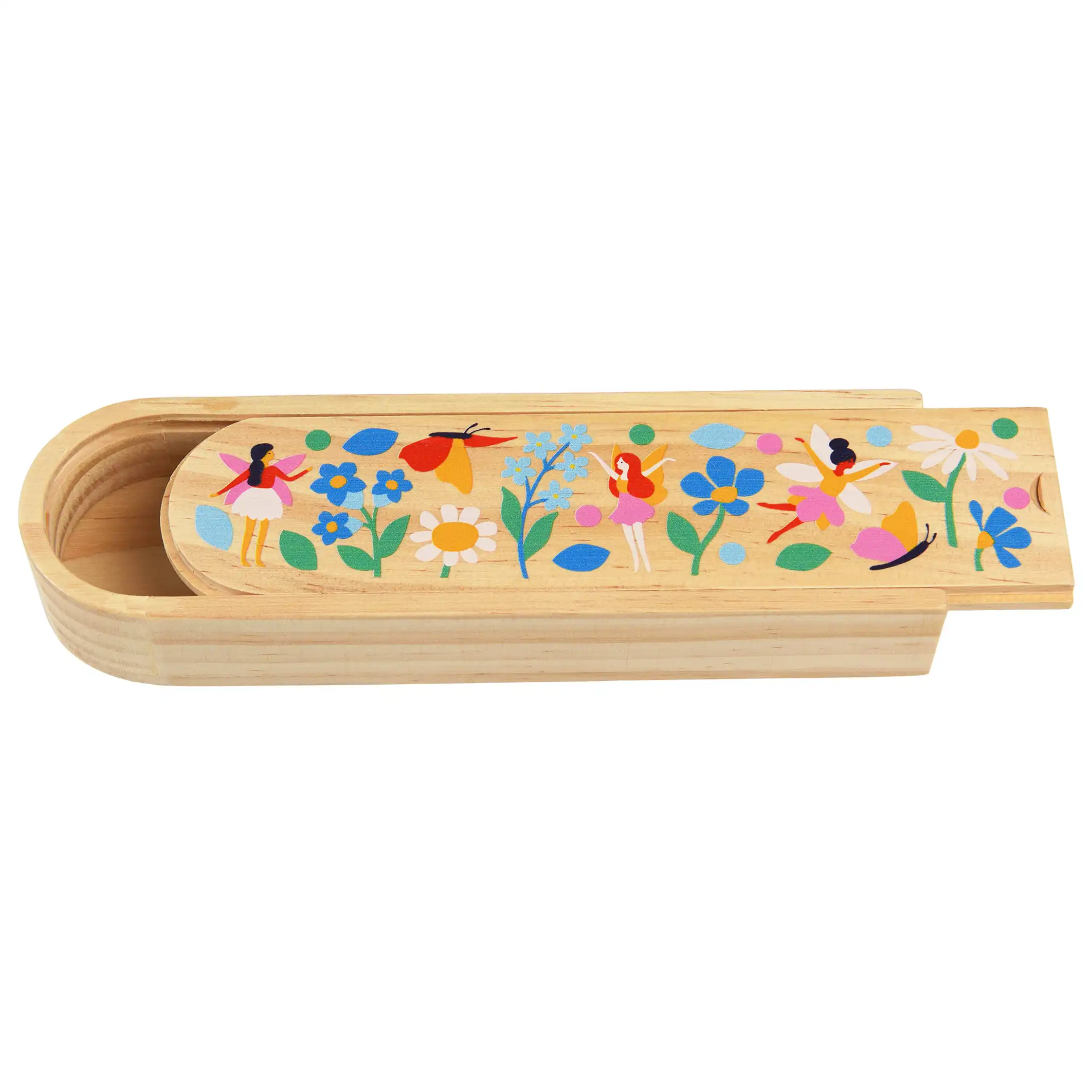 wooden pencil case - fairies in the garden