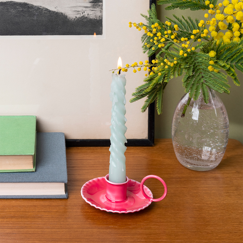 enamel chamberstick candle holder - vibrant pink
