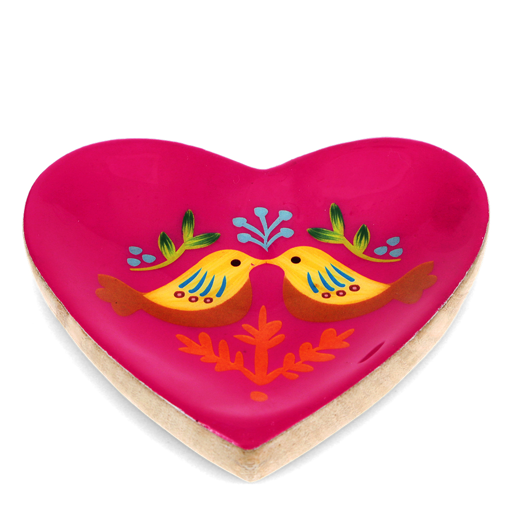 wooden heart-shaped trinket dish - birds