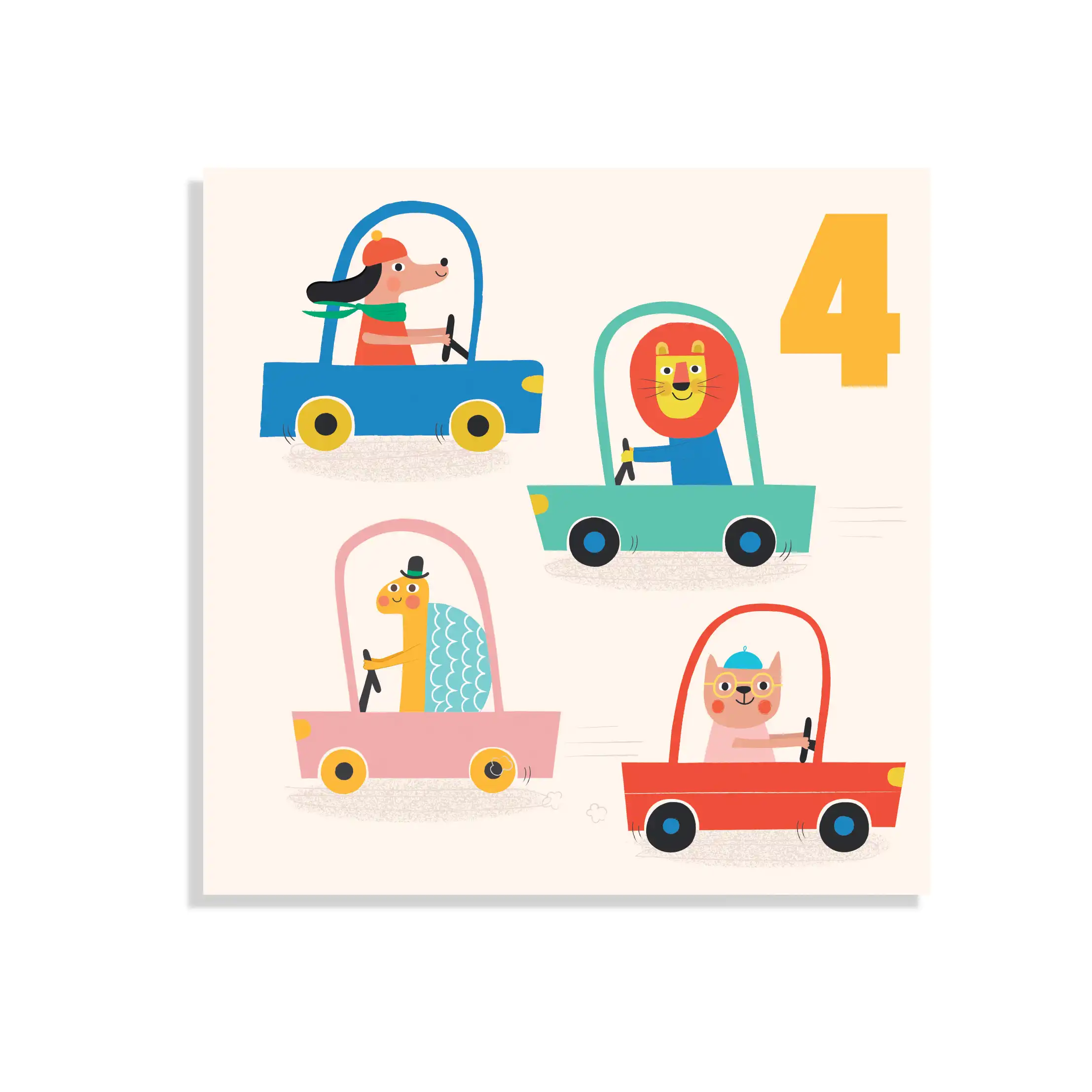 birthday card - driving animals 'four'