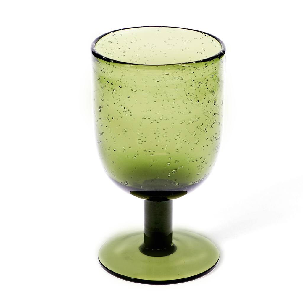 stemmed hand blown bubble glass 350ml - olive green