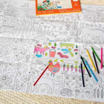 grande affiche à colorier avec crayons - on the farm