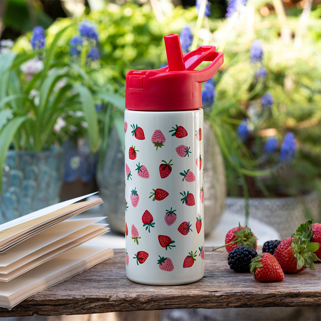 stainless steel bottle with push button lid 500ml - little strawberry