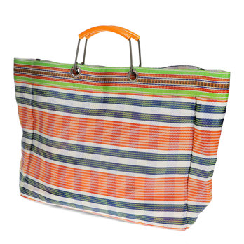 gewebte einkaufstasche mit metallgriffen – orange und blau
