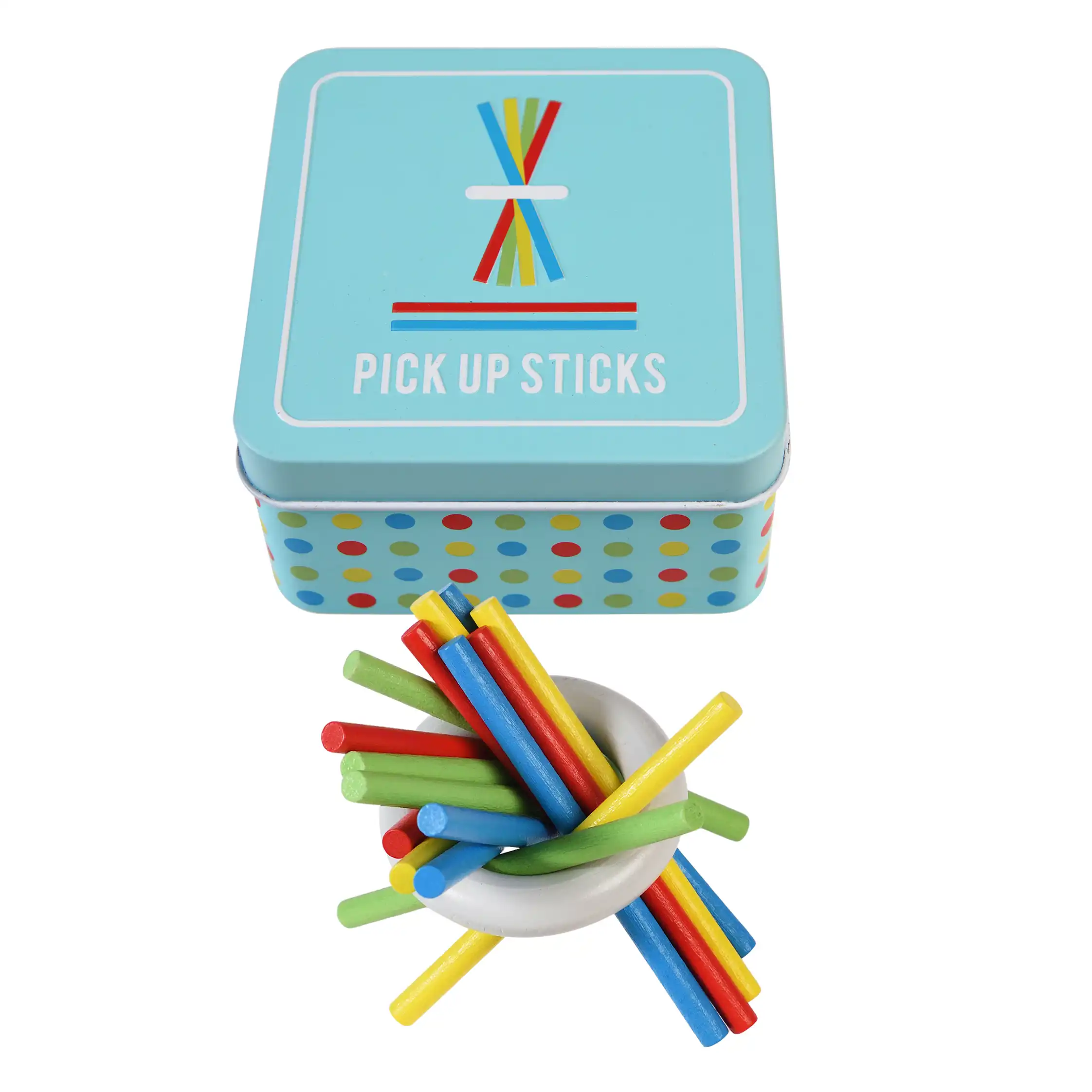 juguete de madera 'pick up sticks' en una lata