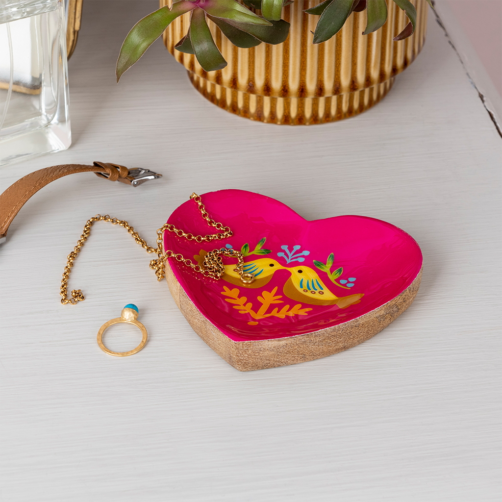 wooden heart-shaped trinket dish - birds