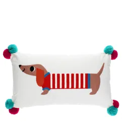 embroidered cushion with pom poms - sausage dog embroidered cushion with pom poms - sausage dog