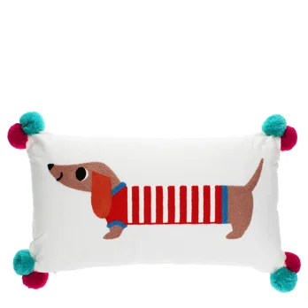 embroidered cushion with pom poms - sausage dog embroidered cushion with pom poms - sausage dog