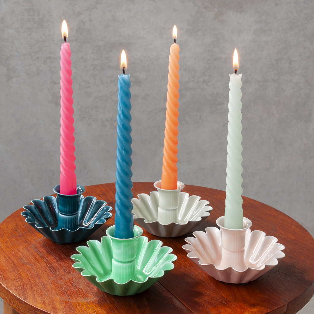 enamel cupped flower candle holder - blue