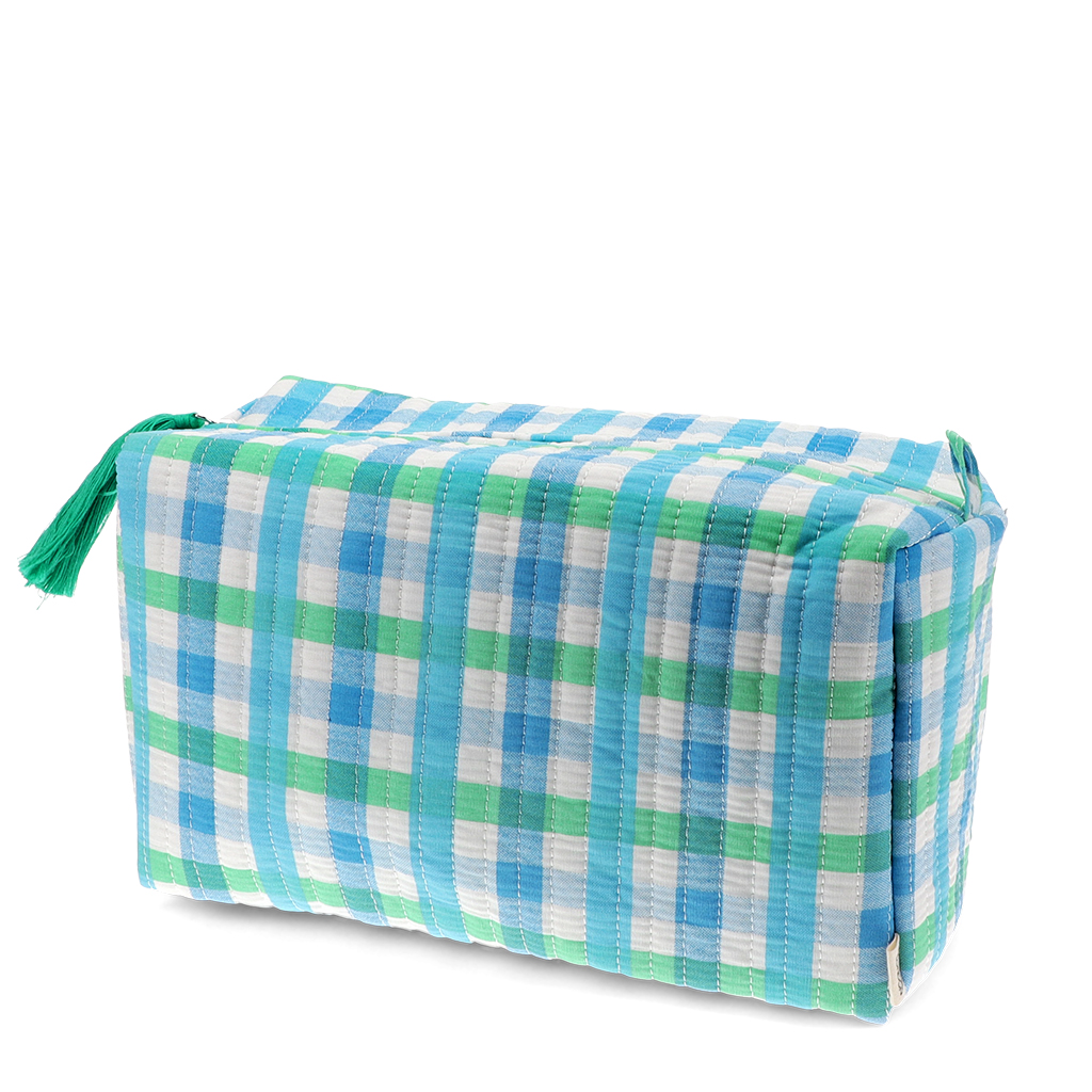 quilted wash bag - blue gingham