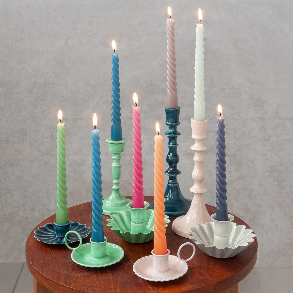 enamel cupped flower candle holder - green