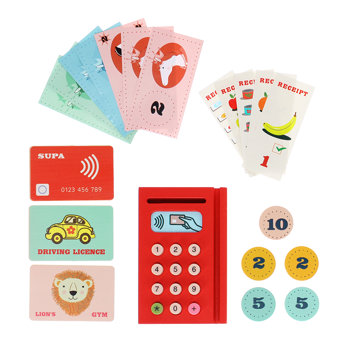 wooden shopping money play set