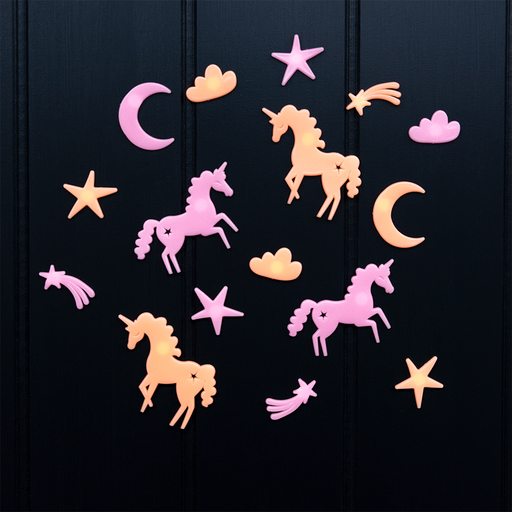 glow in the dark stick-on shapes (box of 24) - unicorns