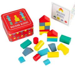 wooden building blocks in a tin