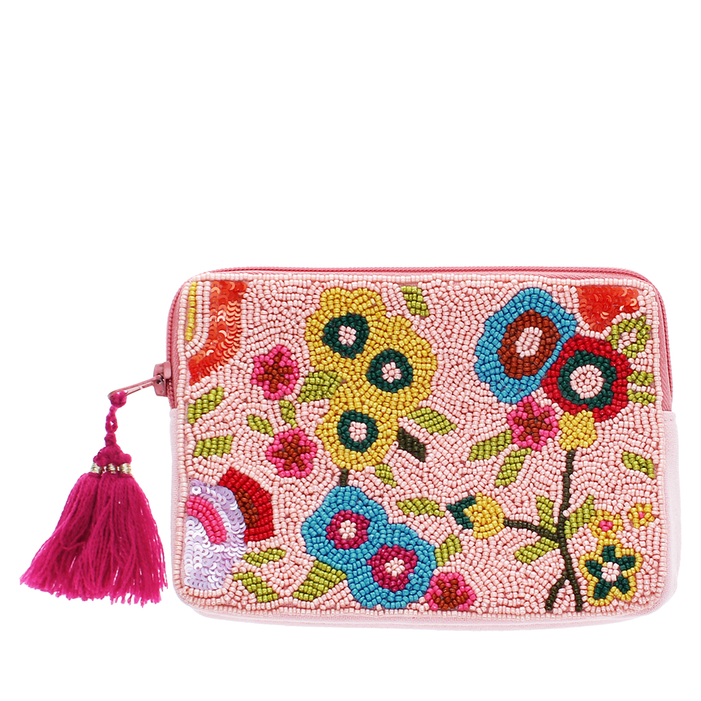 handcrafted beaded makeup bag - flowers
