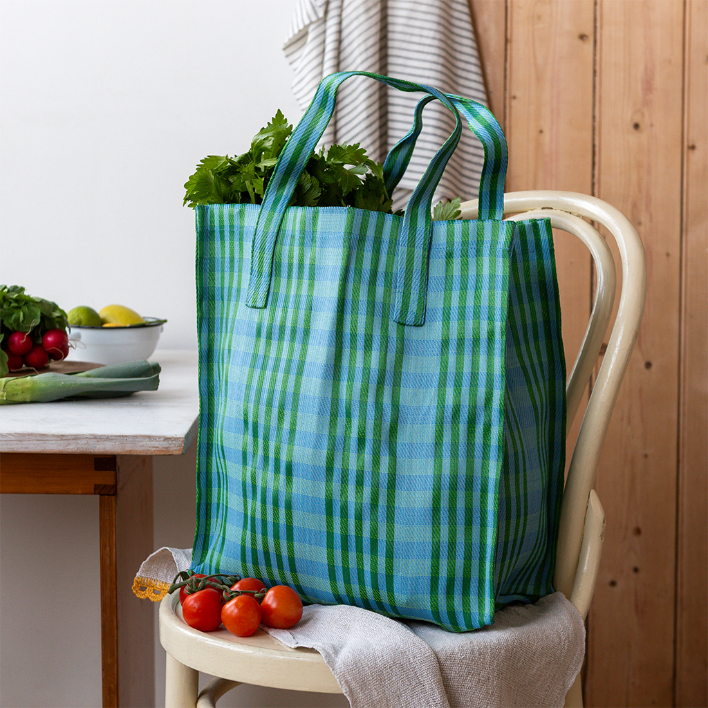 recycled woven shopping bag - blue and green
