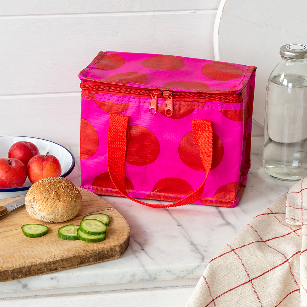 insulated lunch bag - red on pink spotlight