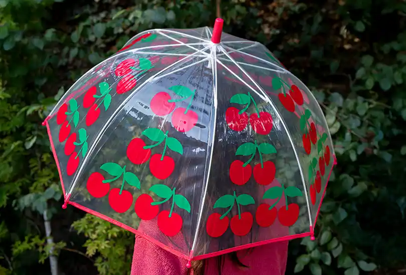 Clear umbrella with red cherry and green leaf pattern