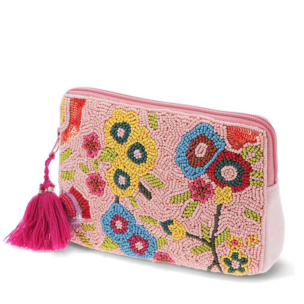 handcrafted beaded makeup bag - flowers