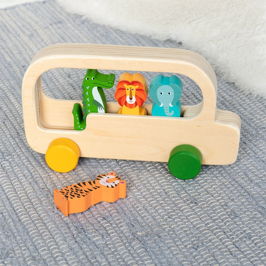 wooden bus toy - colourful creatures