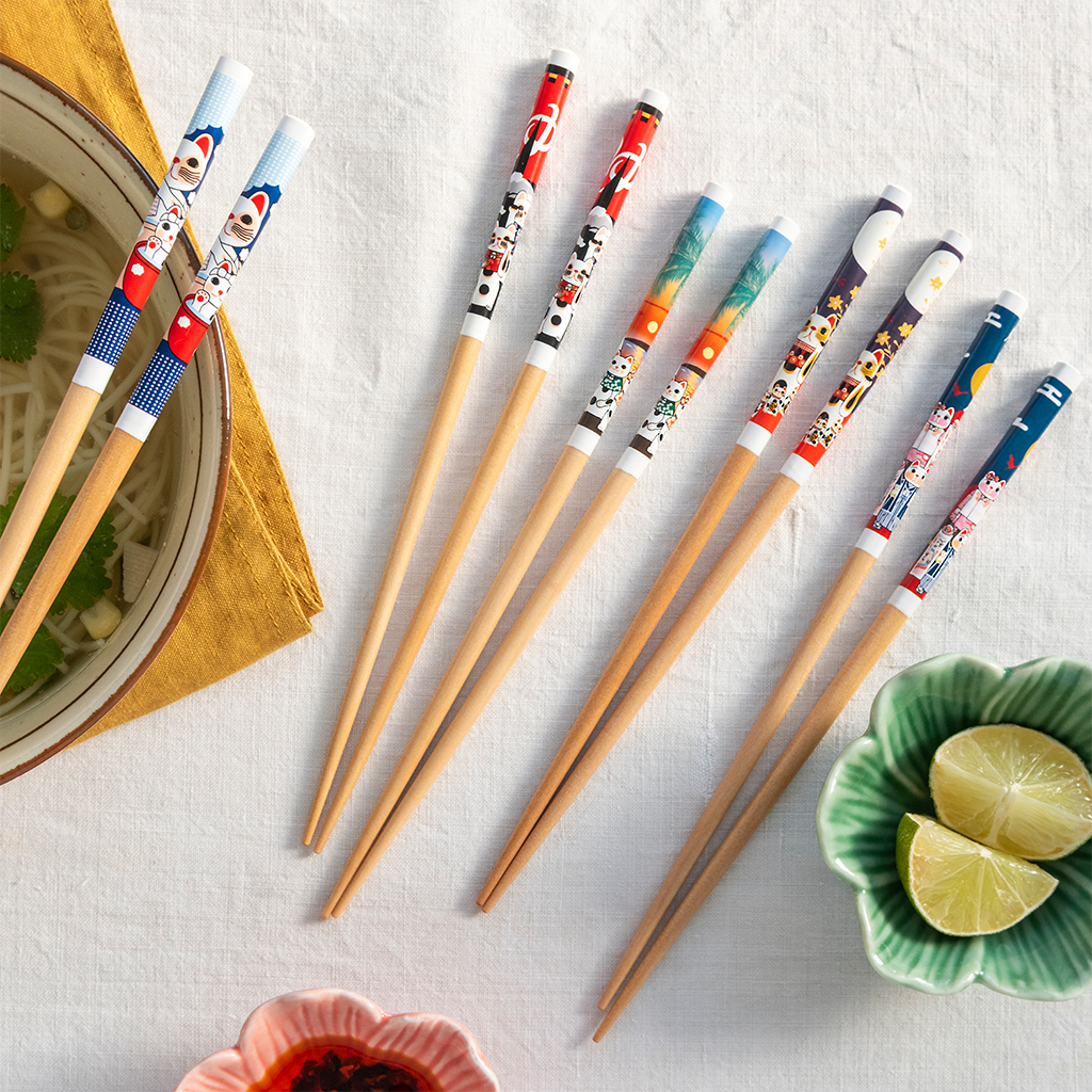 wooden chopsticks (pack of 5 pairs) - beckoning cats