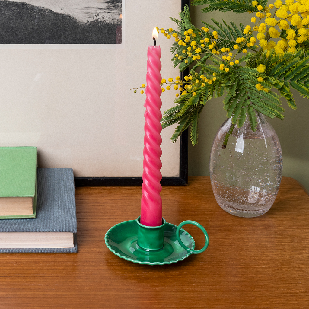enamel chamberstick candle holder - dark green