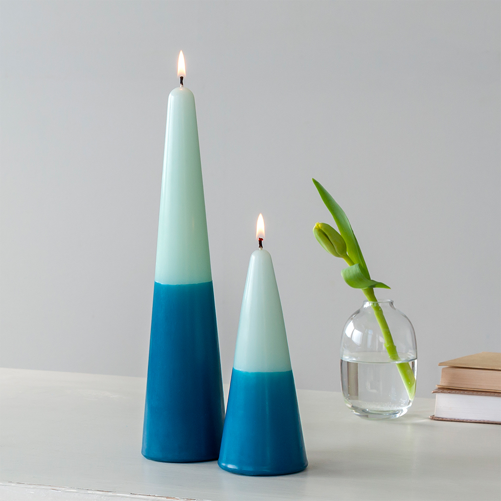small two-colour cone candle - dark blue-mint green