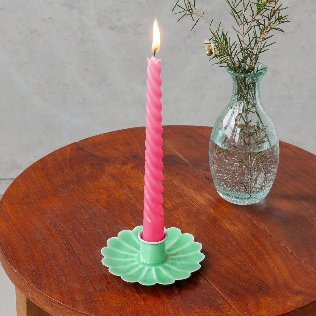 enamel flat flower candle holder - green