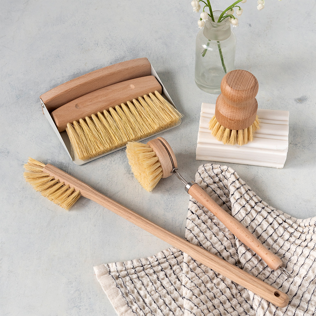 wooden table brush and pan set - soft grey