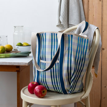 recycled woven tote bag with canvas handles - white and blue