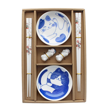 set mit essstäbchen, ablagen und saucenschälchen - katze