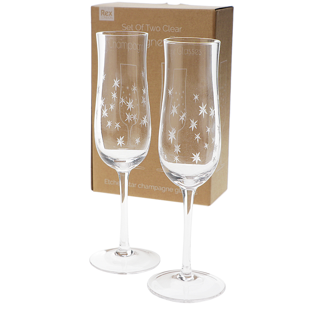etched star champagne glasses 200ml (set of 2) - clear