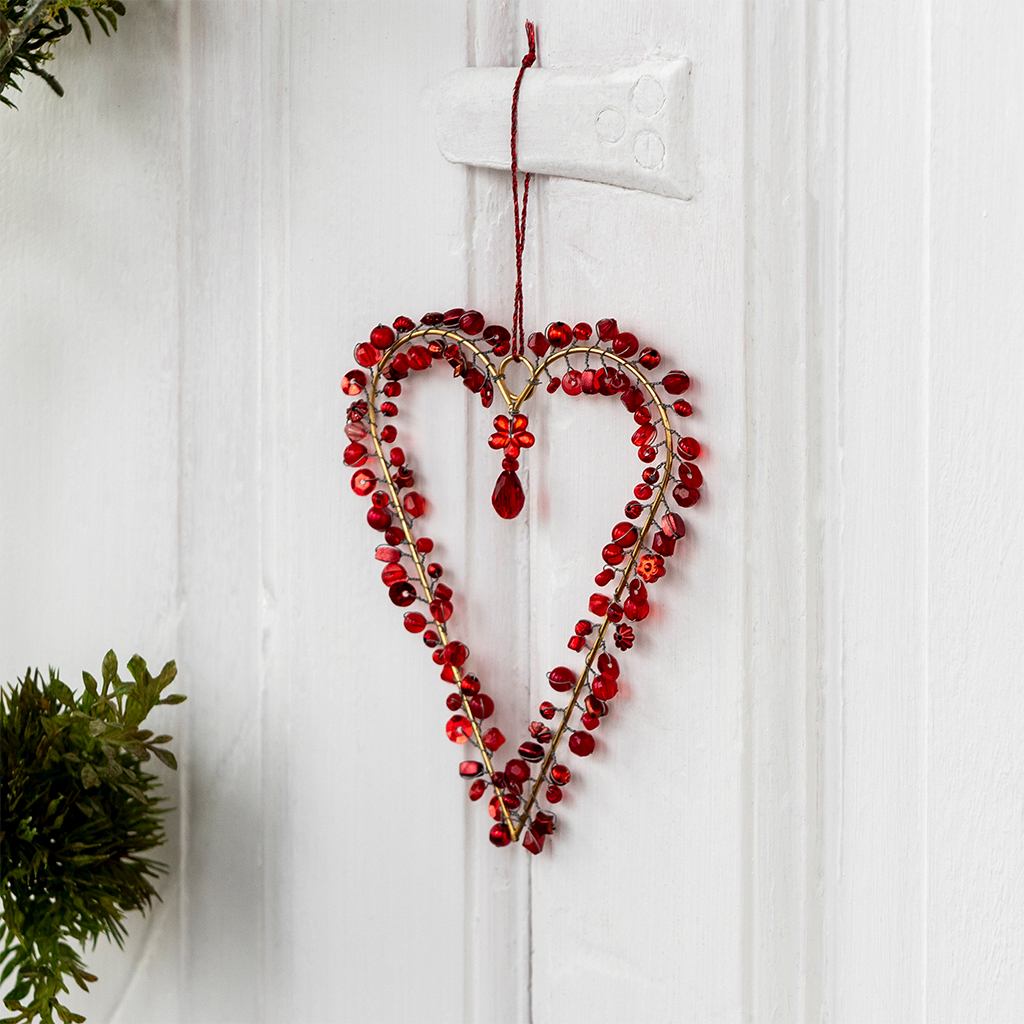 handmade beaded heart decoration (9x12cm) - red