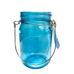 frasco portavelas colgante en azul