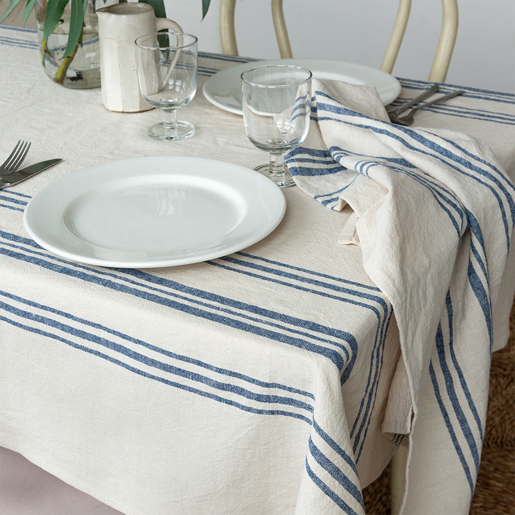 pure belgian linen tablecloth (120 x 180cm) - blue stripe