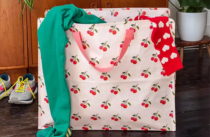 Large reusable bag with a cherry pattern