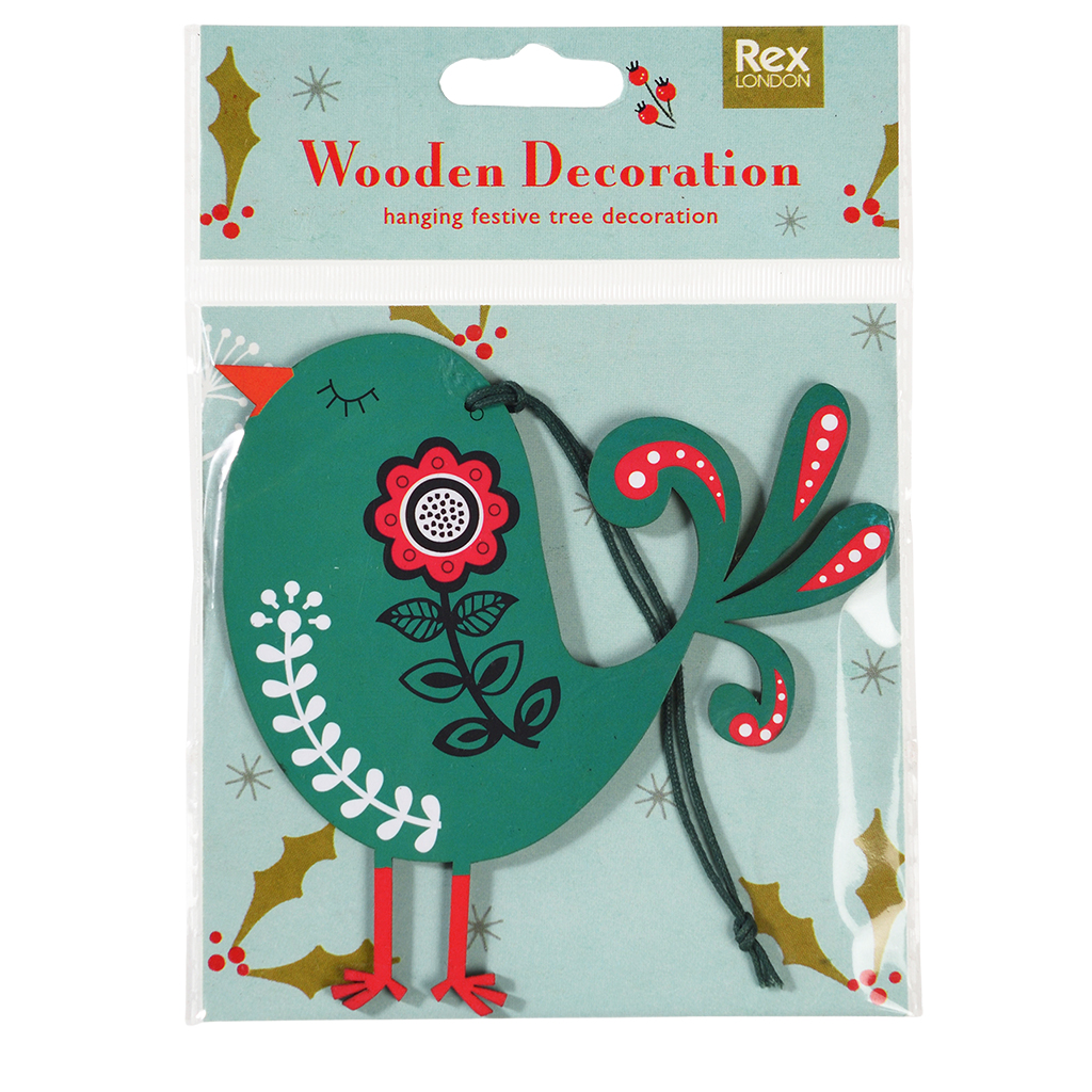 weihnachtsbaumdekoration aus holz vogel in grün