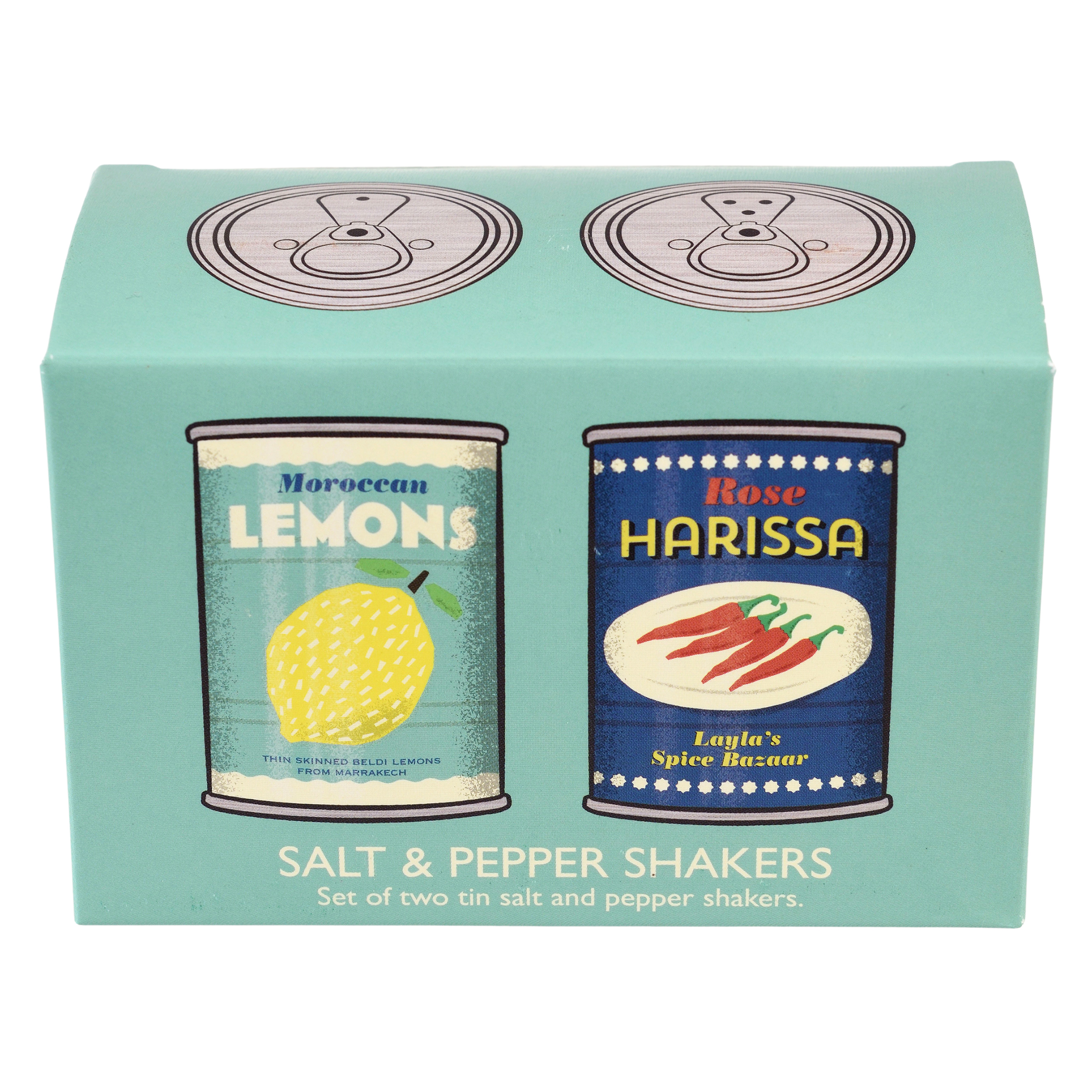 tin salt and pepper shakers - lemons and harissa 