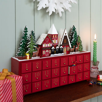 wooden advent calendar with led lighting - carol singers (red)