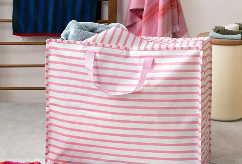 Jumbo storage bag - featuring horizontal pink stripes on a white background