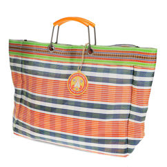 gewebte einkaufstasche mit metallgriffen – orange und blau