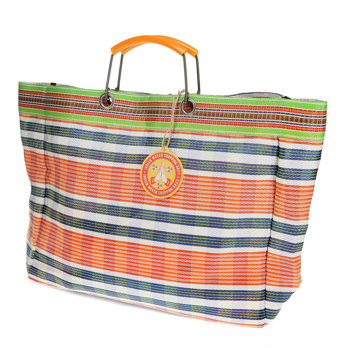 gewebte einkaufstasche mit metallgriffen – orange und blau