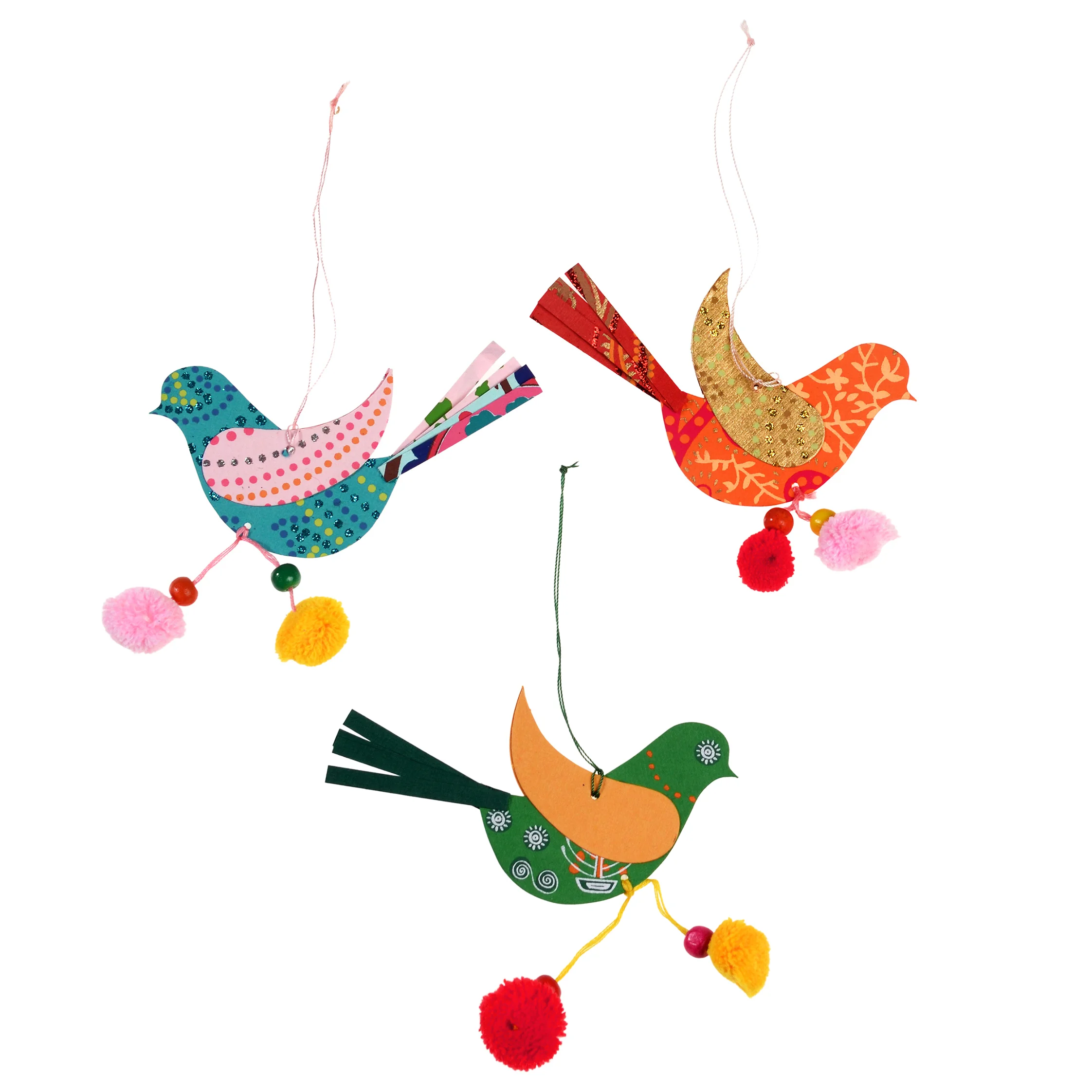 decoraciones colgantes de papel pájaros con pompones (juego de 3)