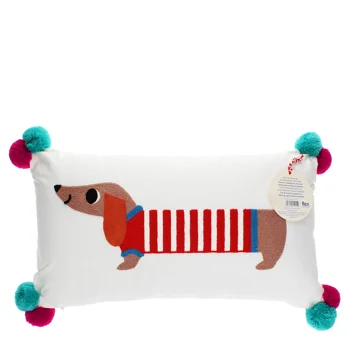 embroidered cushion with pom poms - sausage dog embroidered cushion with pom poms - sausage dog