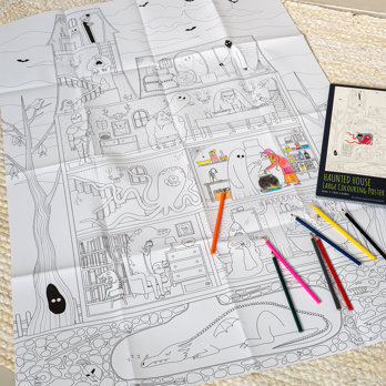 large colouring poster with pencils - haunted house