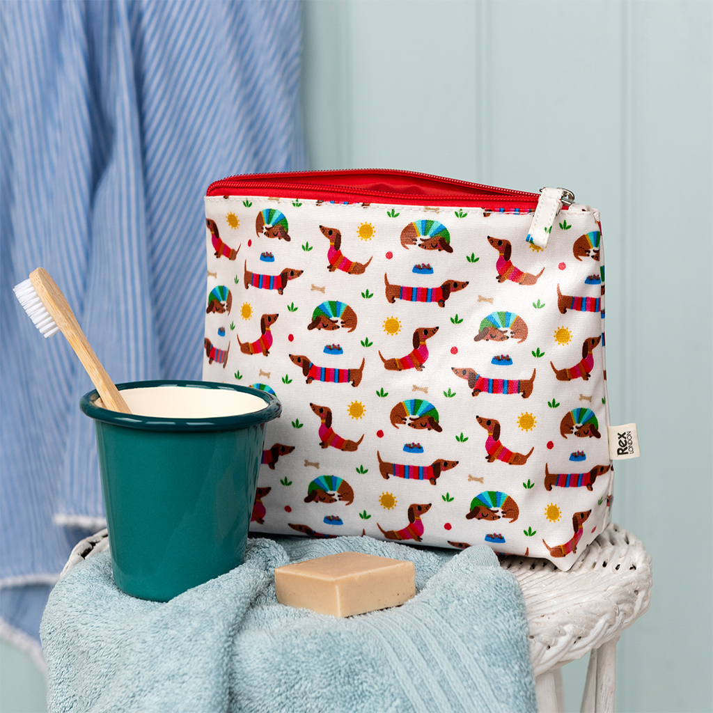 children's wash bag - sunny sausage dog