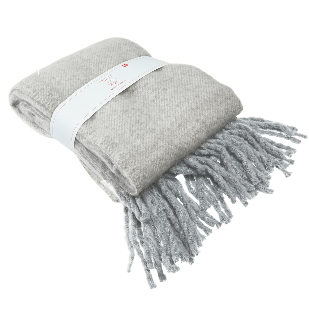 couverture tissée à pompons - gris