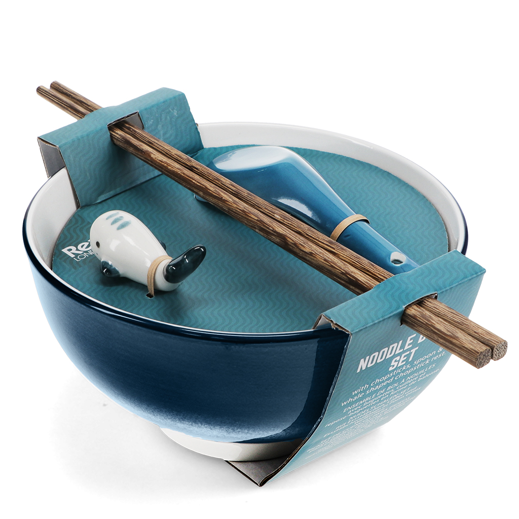 ceramic noodle bowl set - blue whale
