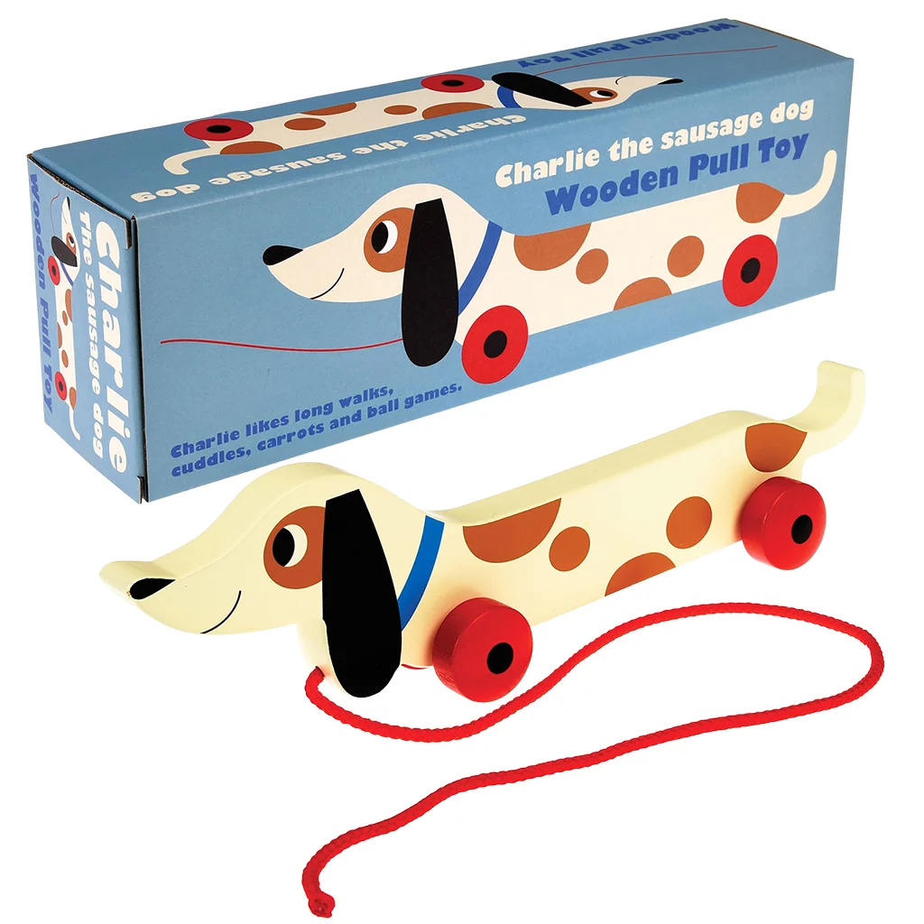 wooden pull toy - charlie the sausage dog